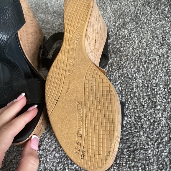 Stuart Weizman- open toe Wedges- size 8- black leather- cork heel - Picture 3 of 7